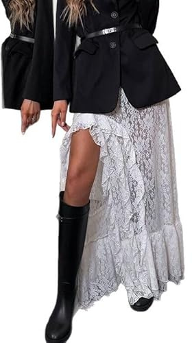 Felcia Women's Sexy Boho Lace Long Skirt Low Waist Sheer Mesh Split Thigh Front Ruffled A Line Flowy Skirt for Party (A-White, M)