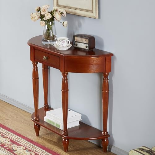 SEIFE Consolle a mezzaluna in legno massello per ingresso, tavolo da ingresso con cassetto portaoggetti, tavolo da divano semicircolare, arredamento per corridoio e ingresso(Cherry,100cm/39.3in)