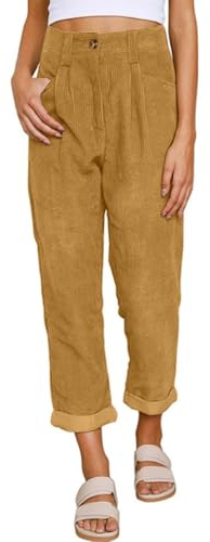 Yutdeng Pantaloni da Donna Eleganti Pantaloni Larghi a Gamba Dritta Pantalonis in Velluto a Coste in Tinta Unita Pantalonis Elastica Vita Alta Pantalone Casual con Tasche,Marrone,L
