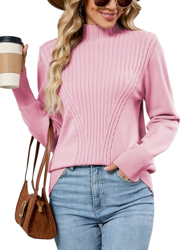 Famulily Long Sleeve Mock Neck Jumpers for Women UK, Autumn Winter Rib Knitted Ladies Soft Pullover Sweater