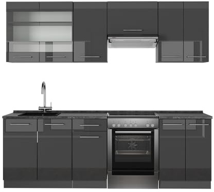 Vicco Küchenzeile Fame-Line, Anthrazit Hochglanz, 240 cm | 7 Module · Höhenverstellbare Füße · Ohne Arbeitsplatte · MDF-Fronten · Softclose · Metallgriffe