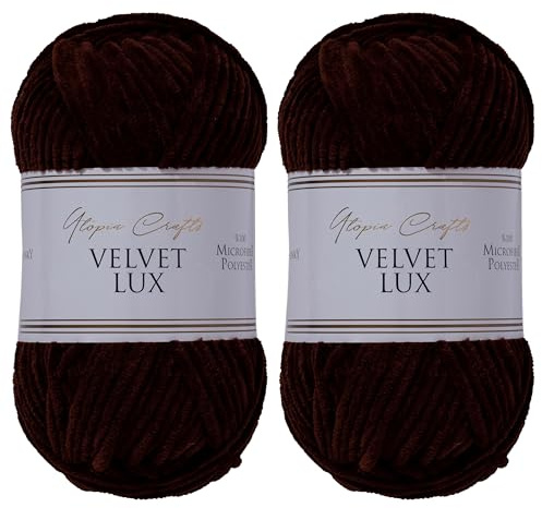 Utopia Crafts Velvet Lux Chenille supermjukt tjockt garn för stickning och virkning garn 2 x 100 g (mörkbrun)