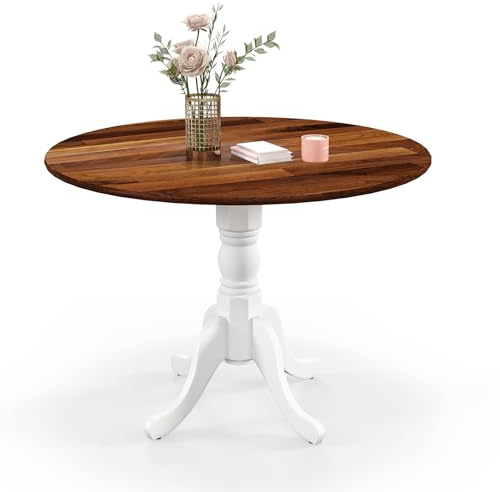 TANGZON Round Dining Table, 100cm Rubber Wood Kitchen Table with Pedestal Legs & Adjustable Foot Pads, 4 Seater Farmhouse Dinner Table Furniture for Home Dining Living Room Restaurant (Walnut+White)