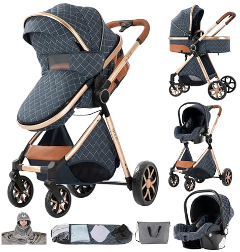3-in-1 Reisesystem, Kinderwagen für Neugeborene & Babys, mit Babyschale, verstellbares Sonnendach, von 0-36 Monaten (Jeansblau)