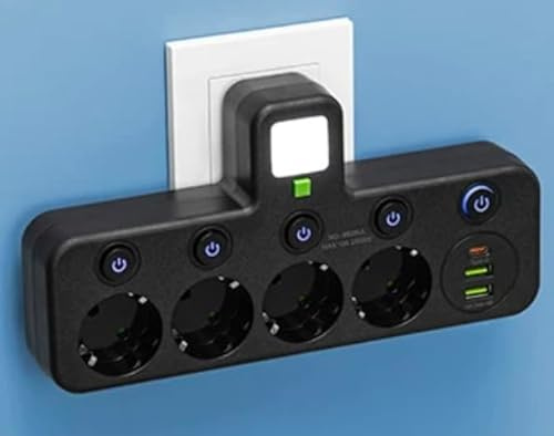 Regletas Enchufes Pared con USB C(PD 20W), Ladron Enchufes con Interruptor, Regleta 4 Enchufes Conmutable Individualmente, Base Enchufes Multiple Negro