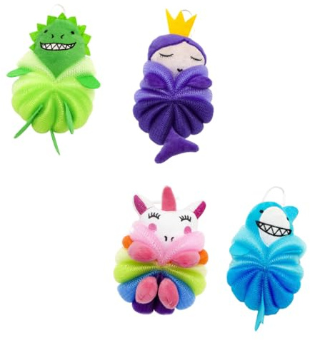Mobestech Lot de 4 Boules Moussantes pour Garçon et Filles Taille Moyenne en Mesh Souple Motifs Animaux Dessin Animé, Nettoyant Doux pour Peau Sensible, Adaptées au Bain la Bain