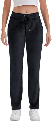 Mindtower Women's Velour Pants Straight Leg High Waisted Velvet Sweatpants for Women Soft Velour Lounge Pajama Pants with Pockets(Black, XL)