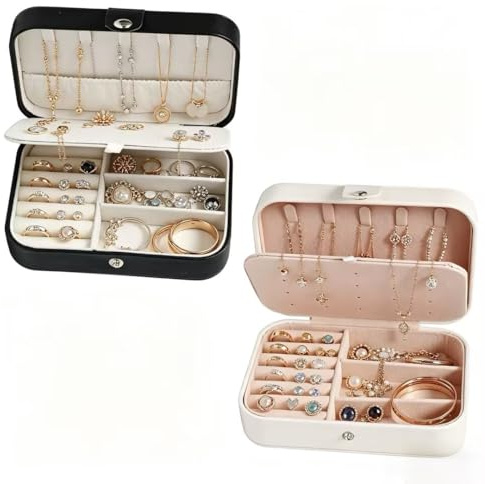 Bofanze 2 Piezas Joyero de Viaje para Mujer Caja de Almacenamiento de Joyas | Estuche para joyas, compacto, fácil de transportar, de cuero, con tapa abatible y hebilla