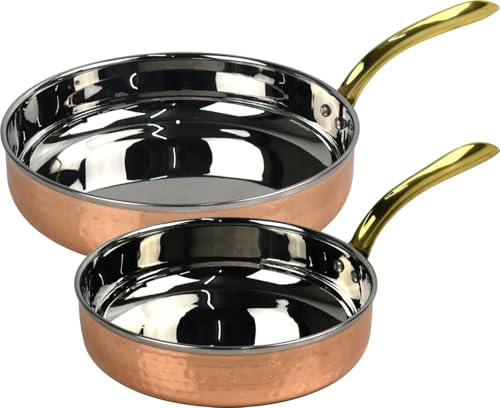 Catergold Set of 2 Traditional Hammered Pans Copper and Stainless Steel with Brass Handles Professional Kitchen Frying Pans for Gas, Electric & Induction Stoves (2X 16cm & 18.5cm)