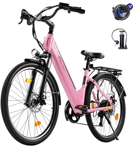 AVDLEU Bici Elettrica 26 per Adulti Uomo Donna, 250W, Batteria 36V 12.8Ah Rimovibile, 25km/h, Autonomia 32-42km, 7 Velocità, Freni a Disco, Ammortizzatore Anteriore, LED, 4 Colori (Rosa)