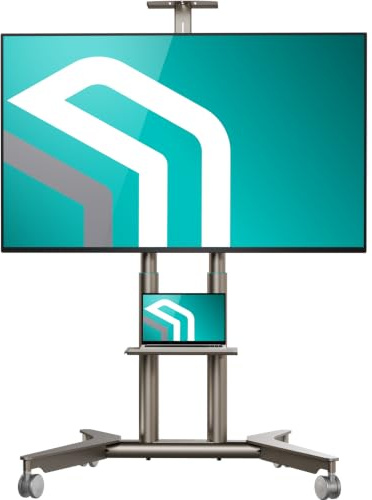 ONKRON TV-fäste med hjul 32–75 tum, 50 kg, max VESA 600 x 400, TS1571-C | Champagne TV-vagn, höjd 1064-1414 mm, AV-hyllor, webbkameragn, låsbara hjul; för klassrum, evenemang, möten