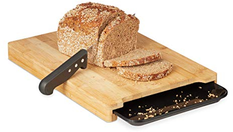 Relaxdays Schneidebrett mit Auffangschale, erhöhtes Bambus Brotbrett, Schublade aus Kunststoff, 3,5 x 38 x 26 cm, natur