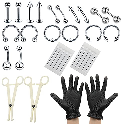 YancLife 41 Stück Piercing Set, 1.2mm Edelstahl mit Klemmhandschuhen Body Piercing Werkzeugset für Bauchnabel/Zunge/Brustwarze/Braue/Lippe/Nase/Ohr（Silber）