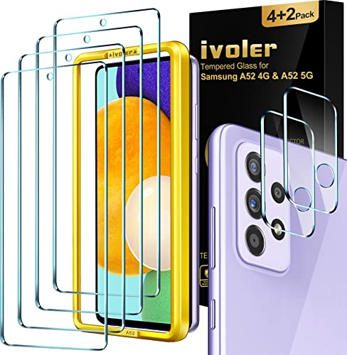 iVoler 4 Pack Screen Protector compatible with Samsung Galaxy A52/A52S 5G /4G, 4 Pack Tempered Glass and 2 Pack Camera Lens Protector - 9H HD Clear Anti-Scratch with Bubble-Free Easy Installation Tool