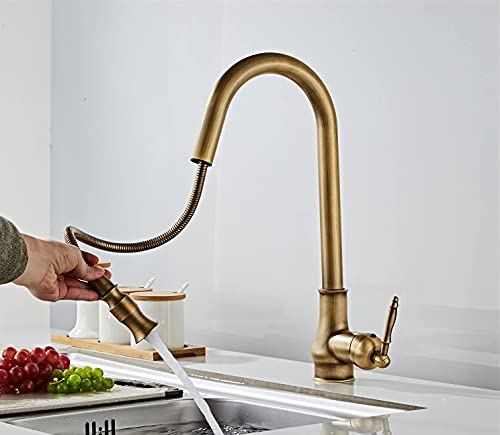 KOYOO Küchenarmatur Messing Antik, Wasserhahn Küche Ausziehbar, Einhebel 360°Schwenkbar Spültischarmatur Hoher Auslauf