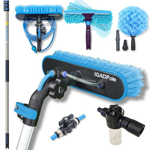 12ft IGADPole Telescopic Water-Fed Window Cleaning Pole Kit — Extendable High Window Cleaner with Brush, Squeegee, Cobweb Duster & Soap Dispenser — Solar Panel, Conservatory, Gutter
