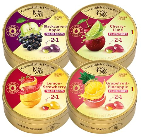 Cavendish & Harvey Double Fruit Drops 175g im 4er Probier-Set | Erdbeer-Zitrone | Grapefruit-Ananas | Johannisbeere-Apfel | Kirsche-Limette | Vegan, Halal, Koscher | 4 x 175g