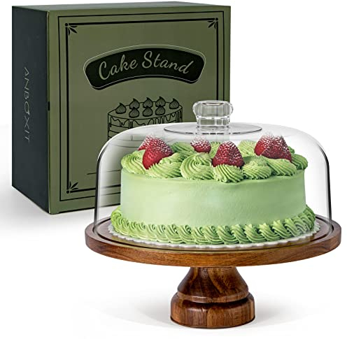 ANBOXIT Soporte Para Tartas con Tapa, Porta Tartas Madera de Acacia con Acrilico Cupula, Pedestal Soporte de Tarta con Pie, Expositor Tartas (Pies)