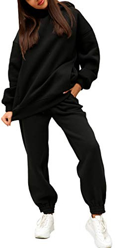 Viottiset Damen Hoodies Trainingsanzug Langarm Sweatshirts Jogger 2-Teilige Outfits Lässiger Sweatsuit Kapuze Schwarz M