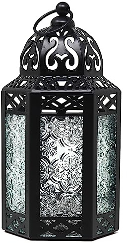 Black Metal Decorative Moroccan Lantern Candle Holder Lamp for Indoor or Outdoor Home Decor, Small, Clear