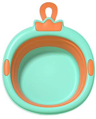 SONARIN Faltbare Baby Waschbecken,Tragbare Waschschüssel für Neugeborene Niedlich Cartoon Baby Wäschewanne Dicke Baby Waschschale mit Haken Loch für Baby Kinder Reisen Haus(Grün)