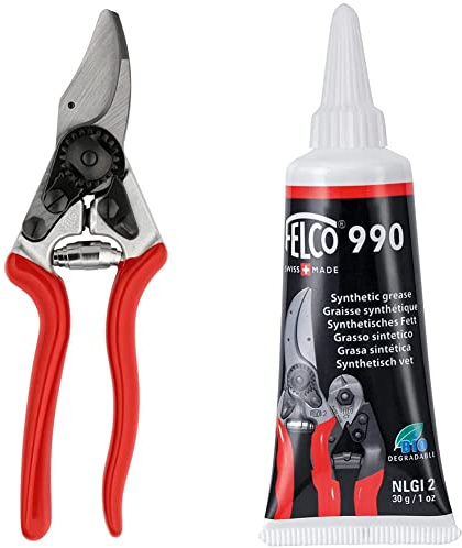 FELCO Gartenschere für Linkshänder Nr. 16 (kompakte Baumschere, Schnitt-ø 20 mm, Länge 195 mm, Rebschere) FELCO 16 & 990 Fett synthetisch (40 g, Schmiermittel für Gartenscheren)