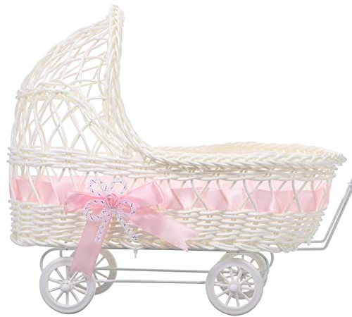 Imitation Rattan Wicker Baby Stroller Basket Trolley Shape Multi-Use Candy Flower Favor Basket for Baby Shower Party Home Decor 5.7X4.5X2.6 Inches