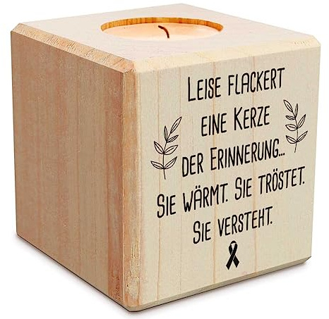 GRAVURZEILE Trauerlicht - leise flackert eine Kerze - Teelichthalter mit Gravur aus Holz - Grabschmuck - Trauergeschenk - Gedenklicht - Erinnerungslicht - Kerze zur Trauerbewältung - Holzwürfel