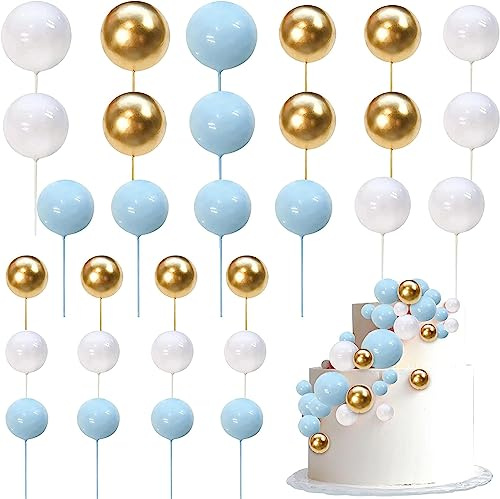 24 Stück Kugeln Mini Round Ball Cake Toppers 3D DIY Kugel kuchen Deko Mini Runde Kugel Cupcake Dekorationen für Baby Dusche Braut Dusche Hochzeit Geburtstag Prty Kuchen Dekoration Blau Gold Weiß