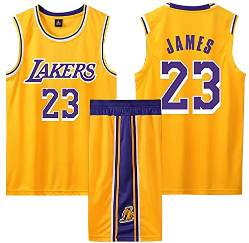2-Piece Basketball Jersey and Shorts Kids/Adult,Basketball Kit No.23 for Kids/Adult,Sleeveless Basketball Jersey T-Shirt Vest + Shorts Kids/Adult Yellow L