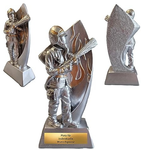 Feuerwehr Pokal 17,5 cm Resin Trophäe - Award Figur mit Gravur - Silber | Individuelle Auszeichnung für Feuerwehrmann und Feuerwehrfrau, robustes Material mit hochwertigem Glanz, inklusive Gravur