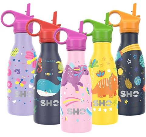 SHO Kids Water Bottle Insulated (260ml, Unicorn with Straw Lid)