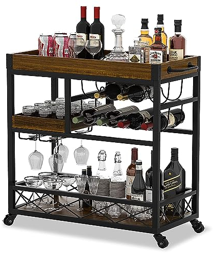 haiorjun Servierwagen Bar mit Rollen, Mobiler Barwagen Holz Vintage Industrie Stil mit Abnehmbarem Tablett, 3 Ebenen Küchenwagen Rollwagen (85x40x90CM)
