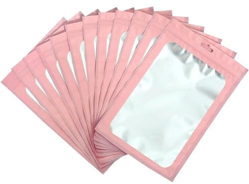 100 Sacchetti di Alluminio Riutilizzabili Impermeabili con Zip, Rosa Mylar - Per Dolci, Gioielli, Caffè e Collezionabili - Design Piatto Con finestra trasparente (14x20cm)