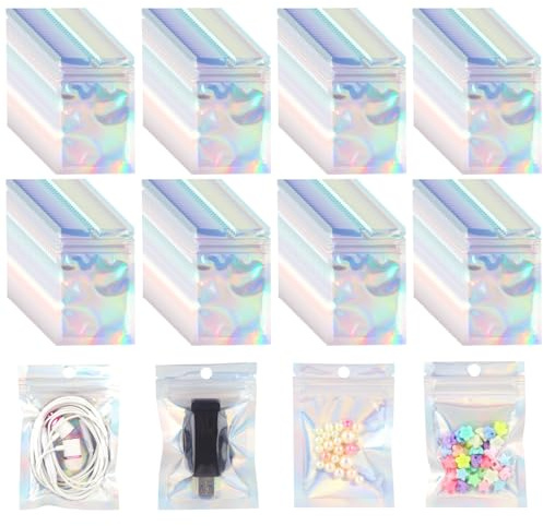 AILUYA 200 Pièces Mylar Ziplock Bags, 10x7cm SachetPlastiques Zip-Noir, Sachets Refermable Zip Imperméables à l'eau et à la Poussière, Les Pochon Zip Holographique Conviennent pour Les Snacks (Blanc)