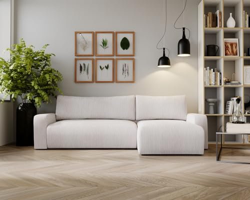 Kaiser Möbel, Ecksofa mit schlaffunktion, mit Bettkasten, Schlafsofa Argon, Designer Sofa, Modern Design Couch, Polsterecke, Freistehend, Zoom Stoff- Dicker Cord Beige Ottomane Rechts