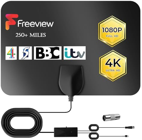 AXFEE Antenna TV, Antenna TV Interna Portatile, Amplificatore di Segnale Support 4K UHD/VHF/UHF, 360° Gamma di Antenna TV Digitale, con Cavo 3m, per Home Smart Televisione, Radio, Canali TV Locali