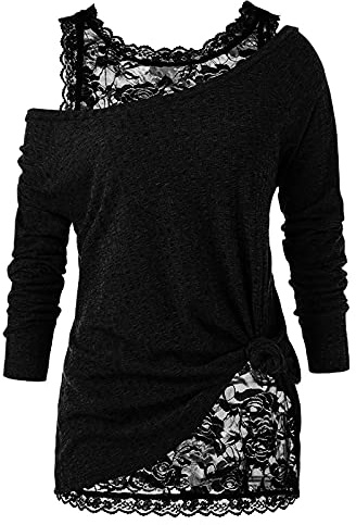 vokkrv Maglia Donna Monospalla Elegante Lavorato Blusa in Pizzo Cut-out Sexy Tinta Unita Comodi Traspirante Leggeri Morbido Maniche Lunghe Camicia con Nodo S-XXL