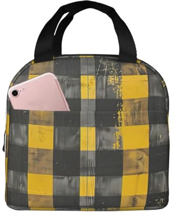Bolsa de almuerzo con estampado a cuadros amarillos, grises y negros, lonchera portátil para hombres y mujeres, picnic, trabajo, viajes