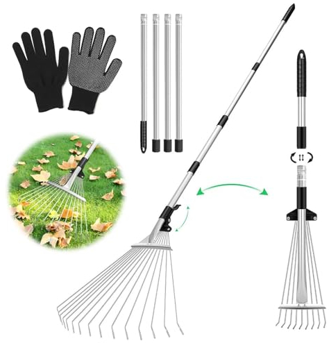 Laubrechen Verstellbar mit Stiel 207cm,Gartenrechen mit Handschuhe,Verstellbarer Rechen,Laubharke Metall,Rasenrechen,Fächerbesen,Rechen Garten,Laubrechen zum Reinigen von Pflanzen,Rasen und Hof