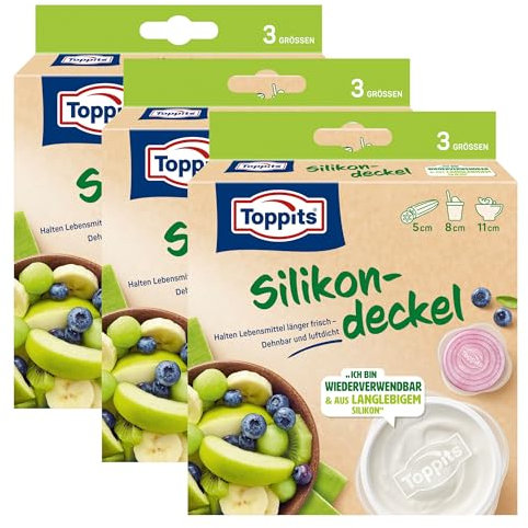 Toppits Silikondeckel 3x 3er Set - dehnbar, luftdicht, wiederverwendbar, transparent - Abdeckung Lebensmittel Ø 5, 8, 11 cm