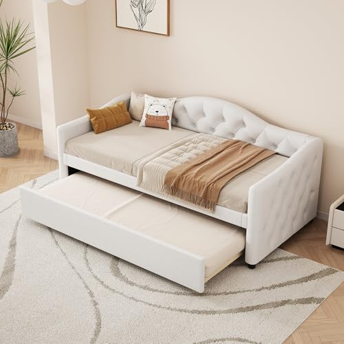 Dolamaní Daybett-Tagesbett Ausziehbar 90x200 cm, Modern Schlafsofa mit Gästebett Ausziehbett Ohne Matratze, Bett mit Lattenrost und Polster Rückenlehnen (Beige)