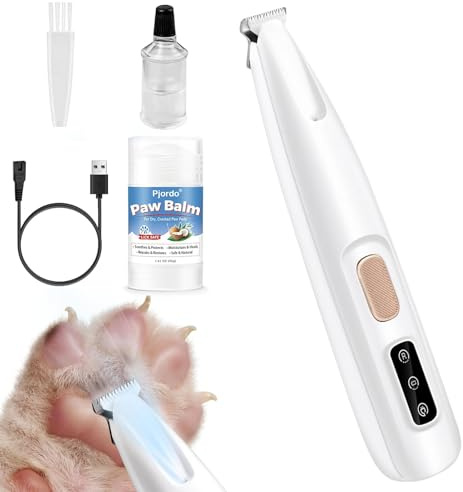 Pjordo Dog Paw Trimmer with Paw Balm, Waterproof Rechargeable Pet Paw Trimmer for Dogs and Cats, Dog Clippers with LED Light, Low Noise Grooming Clipper for Paws Eyes Ears Face Rump