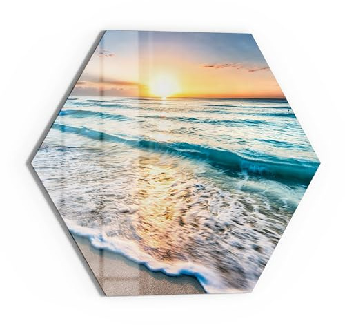 DEQORI Glas-Magnettafel | Sechseck 55x47,6 cm cm groß | Motiv Küste im Morgenlicht | Memo-Board aus Glas | Magnetboard inkl. Magnete, Stift & Tuch für Küche & Büro | Tafel beschreibbar