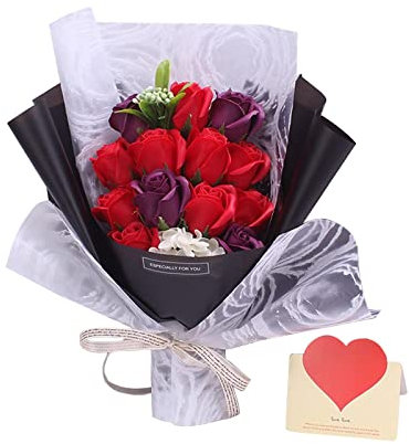 WIPPWER Bouquet de Fleurs de Savon Rose réaliste Bouquet d'art Artificiel Anniversaire avec Bureau décor à la Maison Cadeau de Saint Valentin(Red)