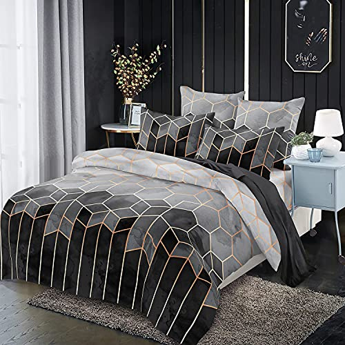 Freyamy Marmor Bettwäsche 200x220cm Grau Geometrisch Wendebettwäsche Vintage Kariert Microfaser Doppelbett Bettbezug und 2 Kissenbezug 80x80cm mit Reißverschluss
