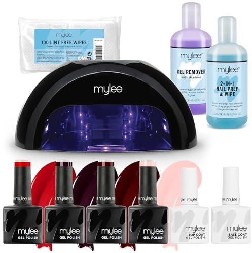 Mylee Kit de manicura profesional, 4 Colores de esmalte en gel semipermanente, Capa superior y Capa base, Lámpara de uñas LED, Solución Prep & Wipe, Gel Remover Solvente, 100x Toallitas sin pelusa