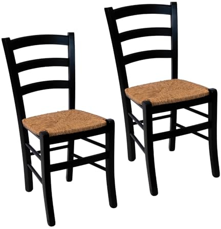 Import Trade – Lot de 2 Chaises Venezia en Bois Noir, Cuisine, Restaurant, Salle à Manger et Agritourisme, Chaise Rustique en hêtre avec Assise en Paille de Riz, Made in Italy.