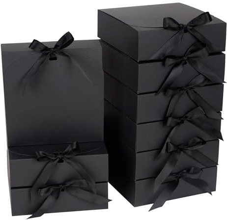 AWCIGG 12 Stück Geschenkbox mit Deckel, 16 x 16 x 5 cm Schwarz Geschenkkarton, Geschenkboxen mit Bändern für Feiertage Weihnachten Hochzeiten Geburtstage Geschenkverpackung