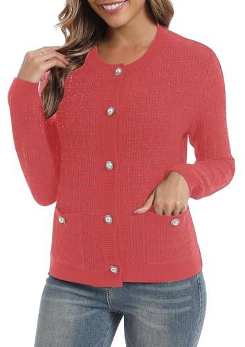 Mujeres Elegante Slim Fit Manga Larga Cuello Redondo Cárdigan Button Down Frente Abierto Punto Chaqueta con Bolsillos(XL, Rojo Coral)